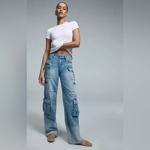 Blue Flare Wide Leg Jeans with Distressed Details